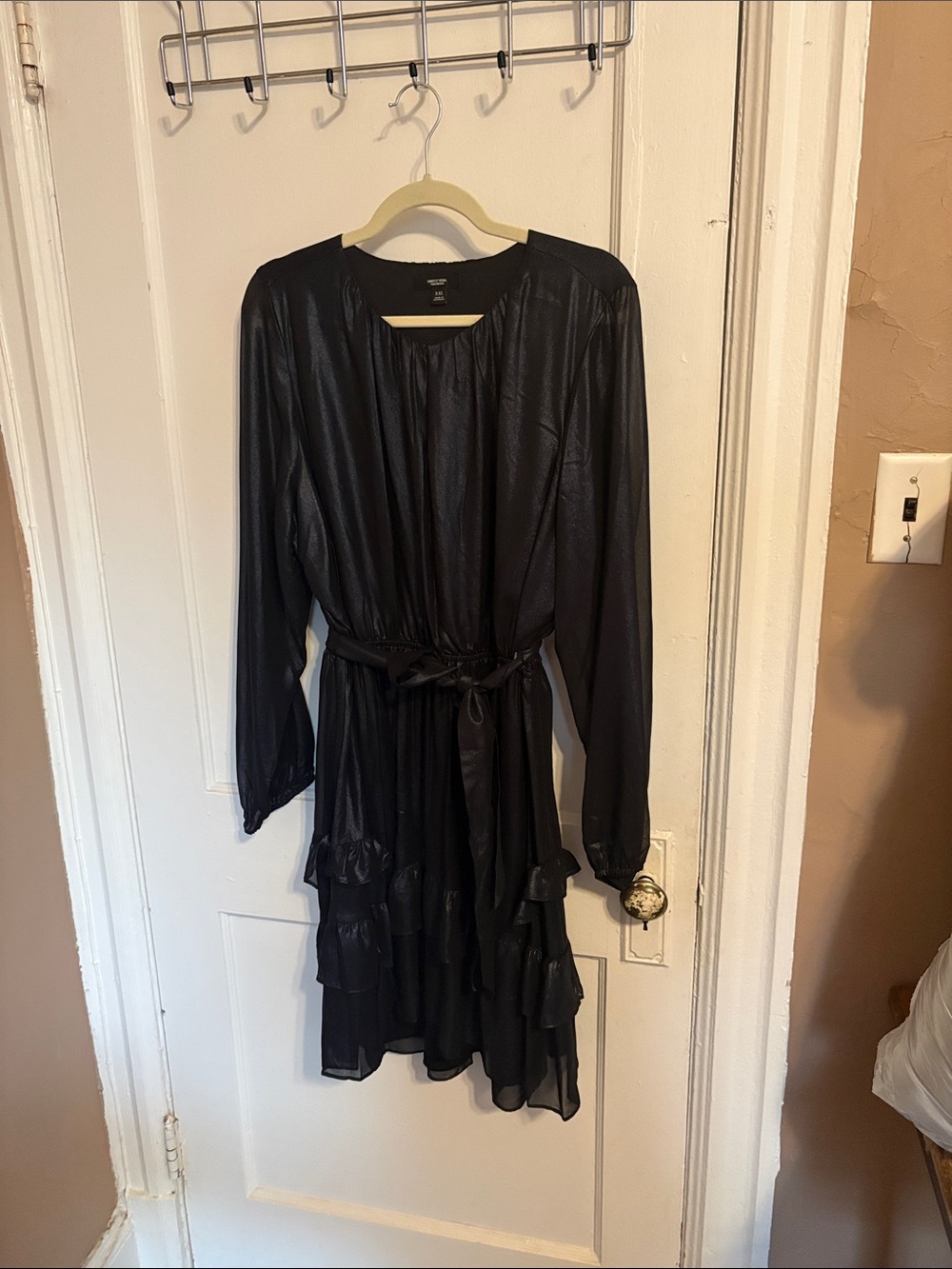 Simply Vera Vera Wang Shiny Black Long-Sleeve Tiered Ruffle Dress with Waist Tie